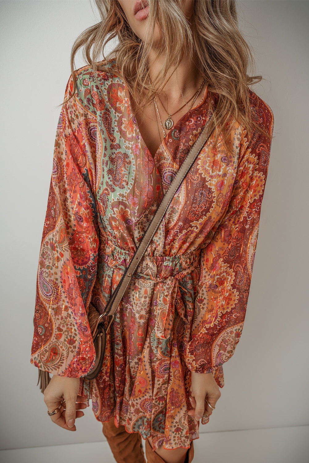 Stacey B's Orange Boho Paisley Print Long Sleeve Pleated Belted Mini Dress