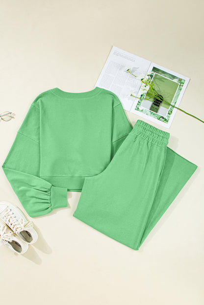 Stacey B's Bright Green Drop Shoulder Crop Pullover Drawstring Wide Leg Pants Set