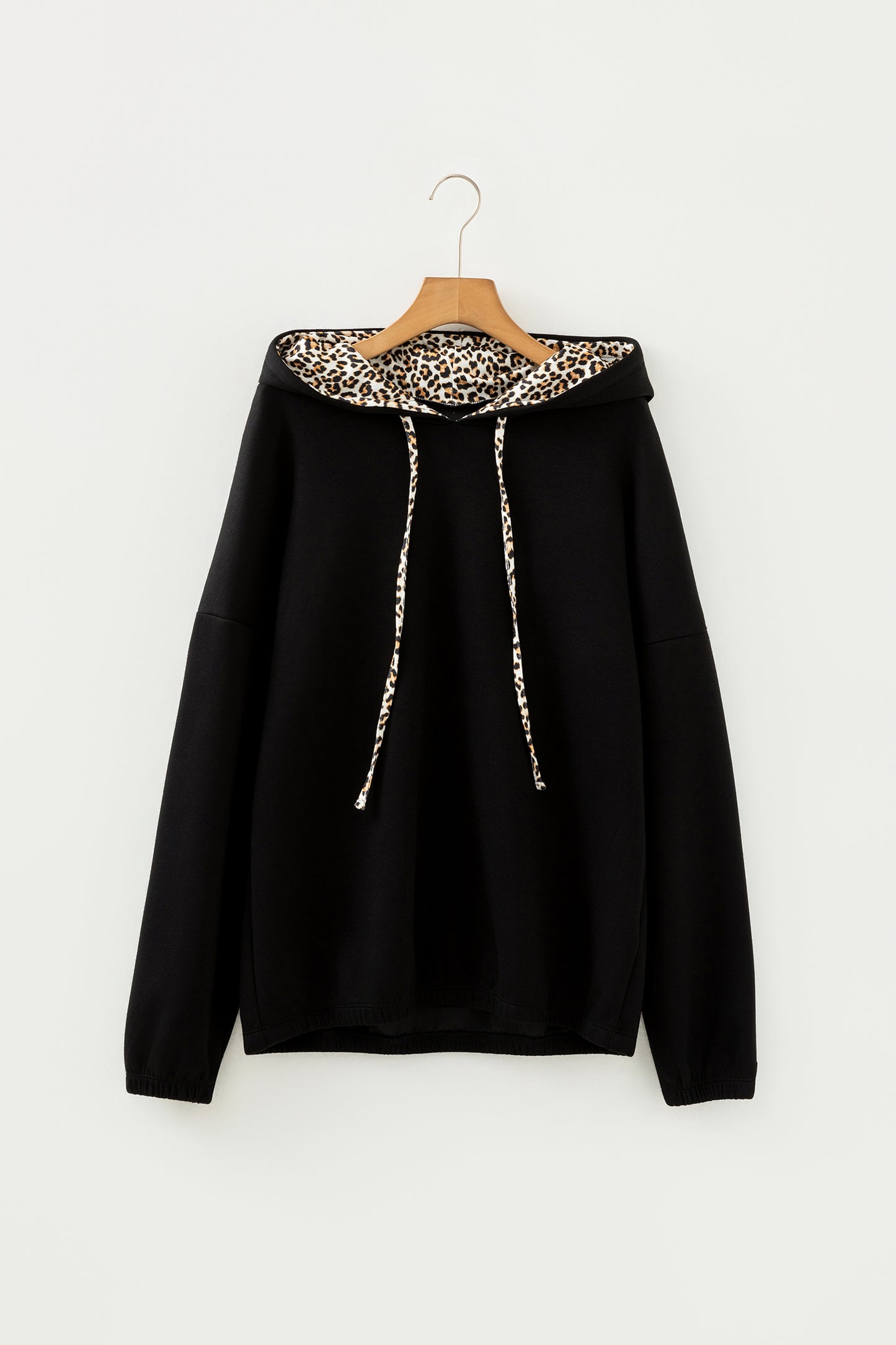 Stacey B's Black Leopard Contrast Drawstring Hood Drop Shoulder Loose Top