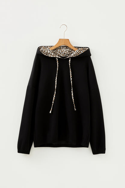 Stacey B's Black Leopard Contrast Drawstring Hood Drop Shoulder Loose Top