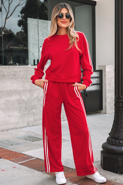 Stacey B's Fiery Red Varsity Striped Detail Crewneck Pullover Elastic Sweatpants 2pcs Outfit