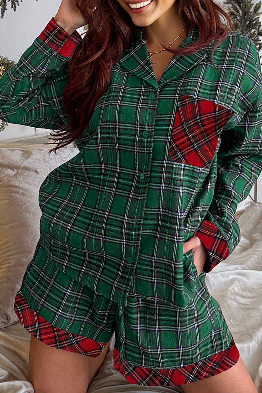 Stacey B's Red Plaid Contrast Color Christmas Holiday Long Sleeve Shirt and Shorts Pajama Set
