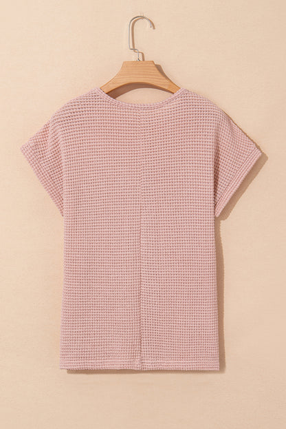 Stacey B's Light Pink Lace Patchwork Waffle Short Sleeve Top