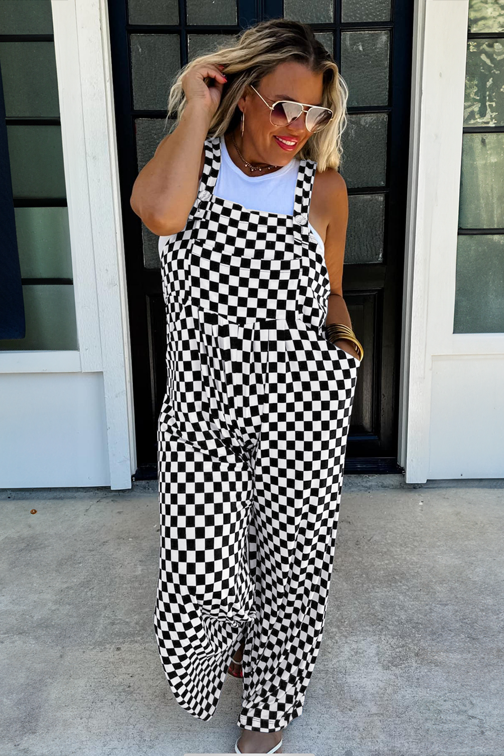 Stacey B's Black Checkered Print Pocketed Wide Leg Jumpsuit