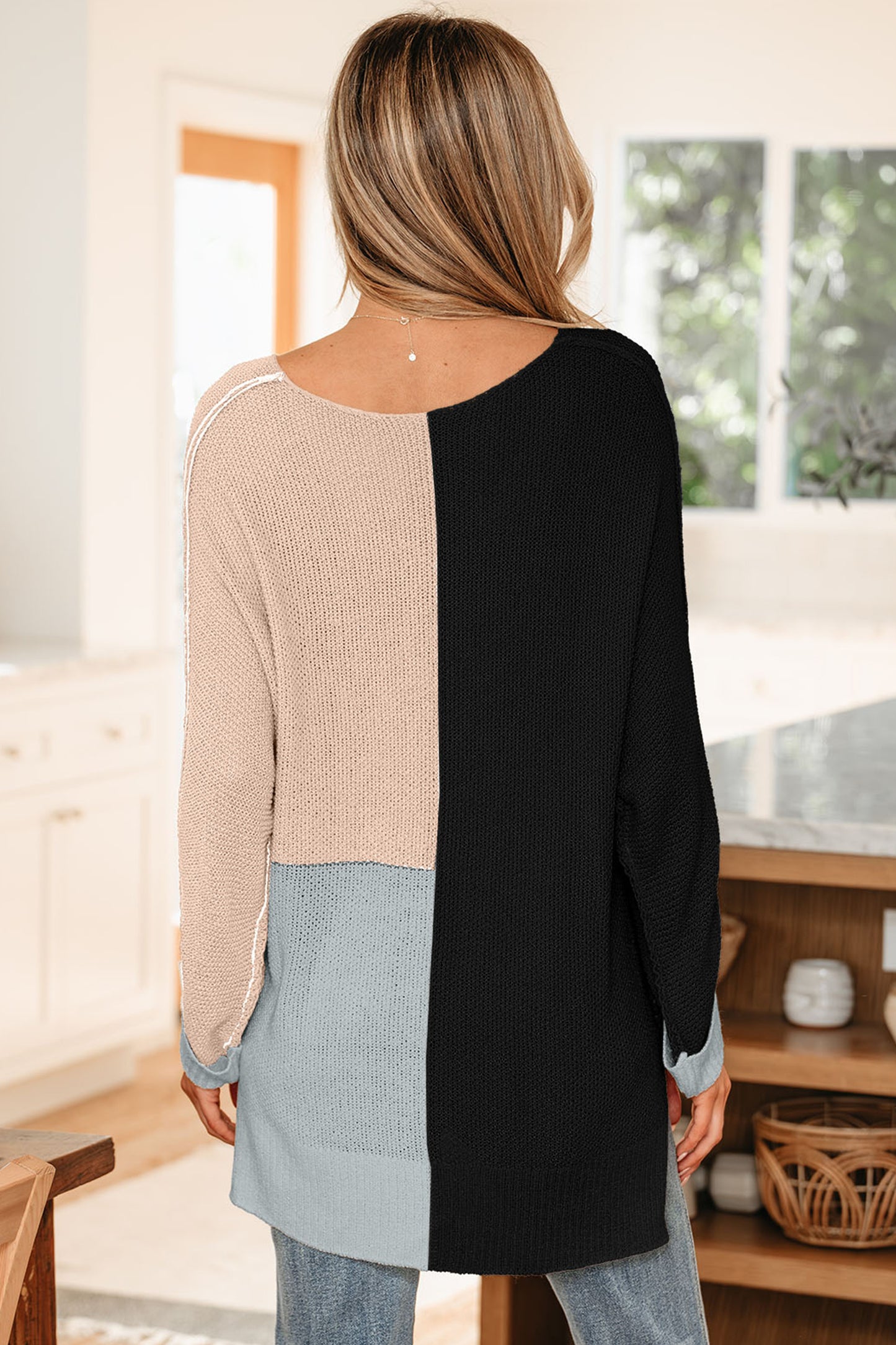 Stacey B's Black Color Block Knit V Neck Loose Sweater