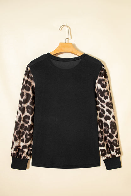 Stacey B's Khaki Leopard Puff Sleeve Patchwork Top