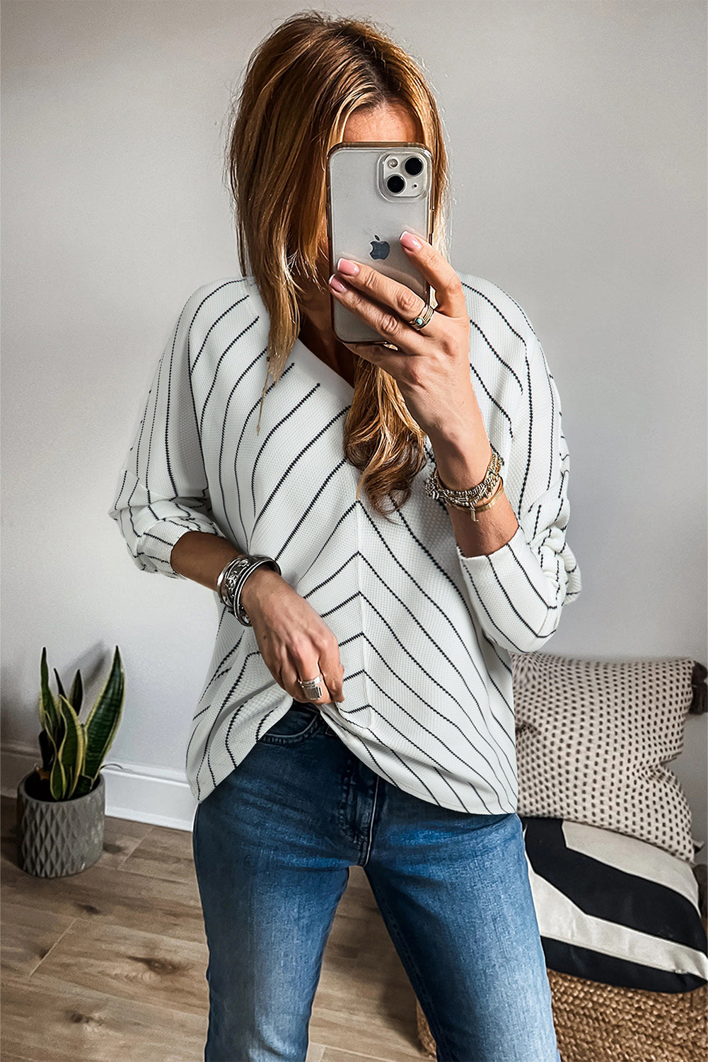 Stacey B's Black Stripe Chevron Striped V Neck Long Sleeve Casual Top