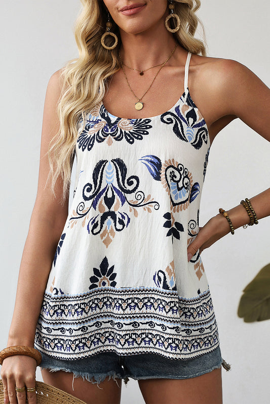 Stacey B's Blue Bohemian Fashion Print Spaghetti Straps Loose Tank