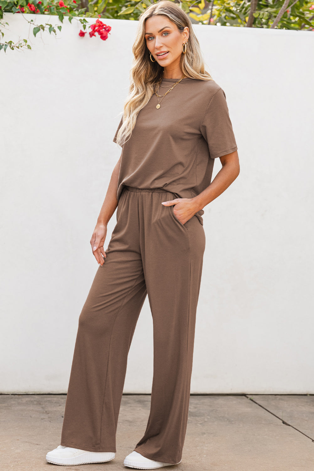 Stacey B's Smoke Gray Solid Color T Shirt 2pcs Wide Leg Pants Set