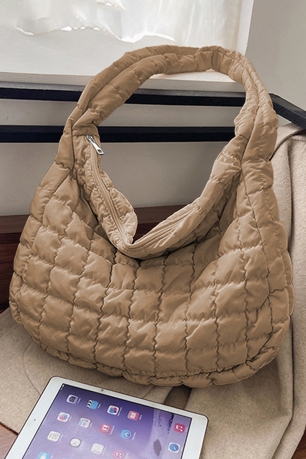 Stacey B's French Beige Quilted Zipper Large Shoulder Bag