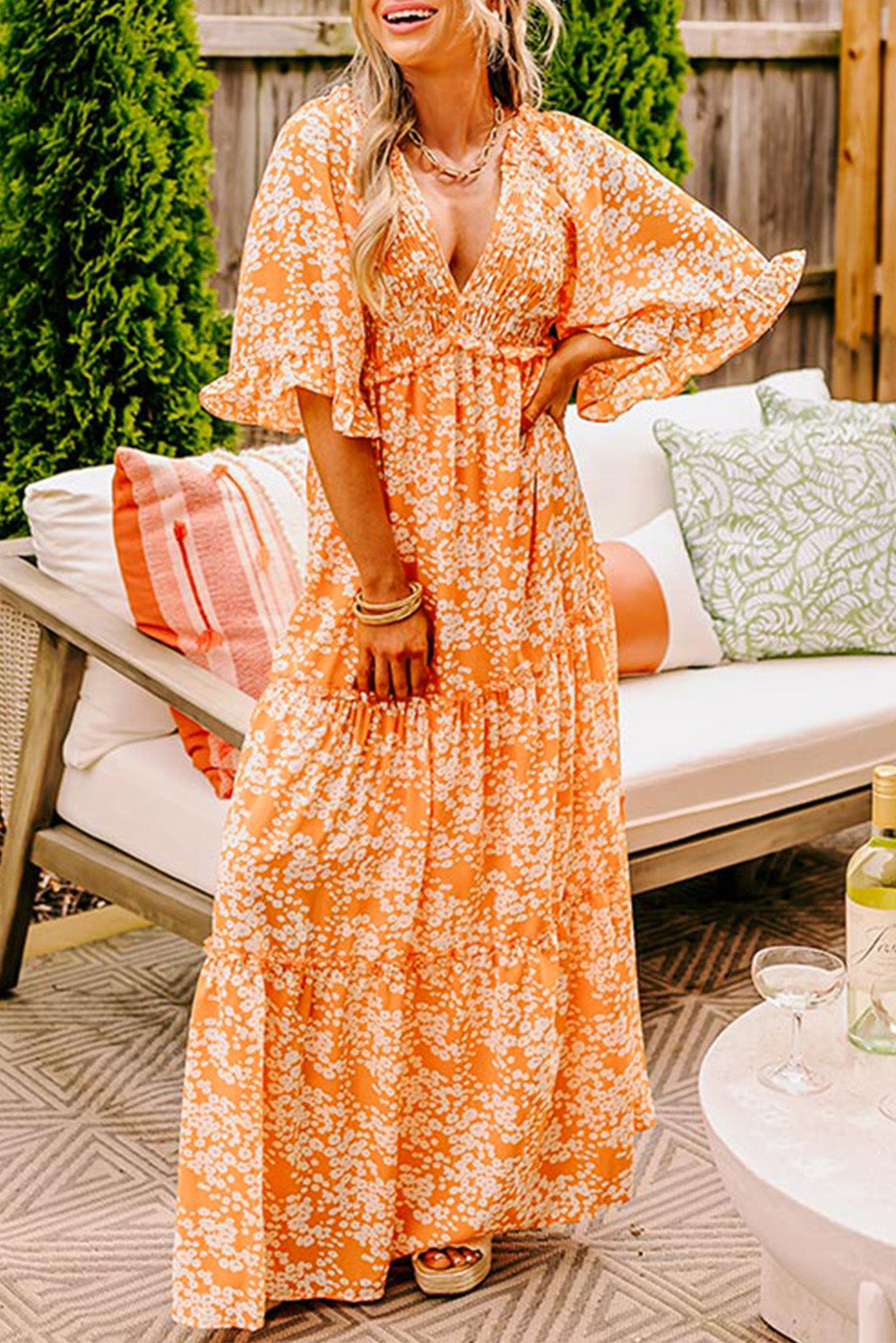 Stacey B's Orange Floral Print Smocked V Neck Wide Sleeve Maxi Dress