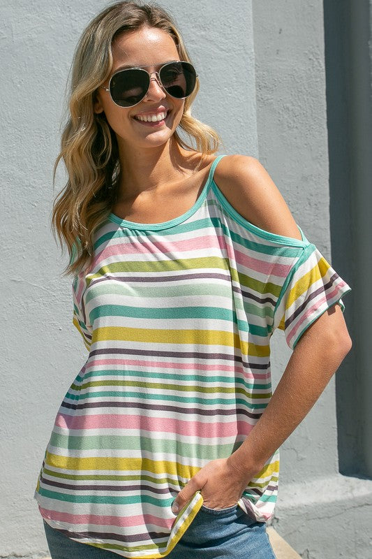 Stacey B's Plus  Multistripe Cold Shoulder Top