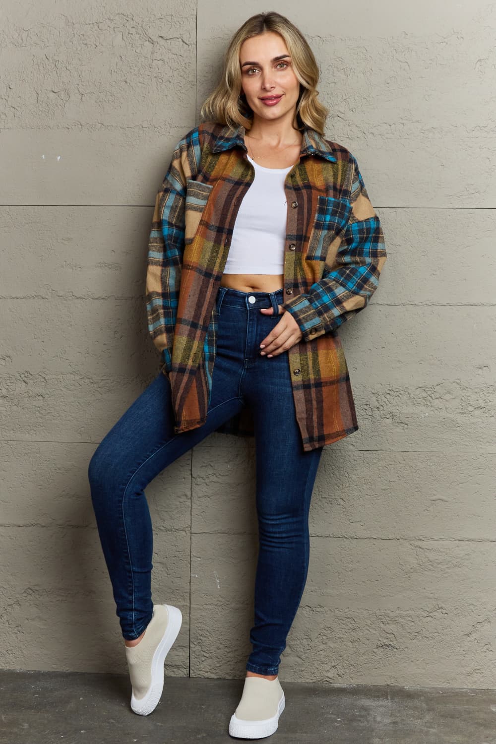 Stacey B's Plaid Curved Hem Shirt Jacket with Breast Pockets