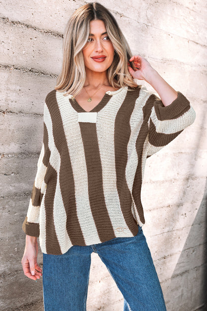Stacey B's Brown Stripe Colorblock V Neck Bracelet Sleeve Sweater
