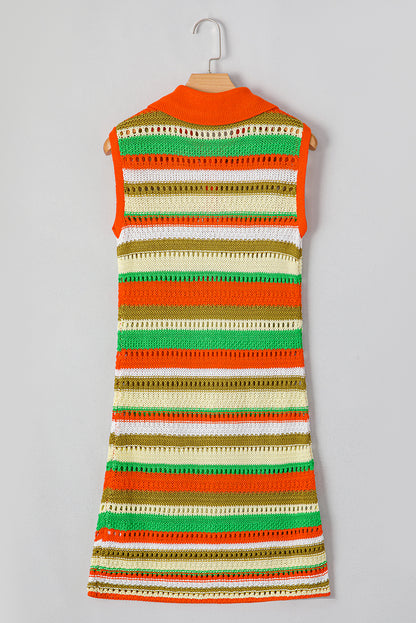 Stacey B's Yellow Stripe Eyelet Sleeveless Buttoned Split Neck Sweater Dress