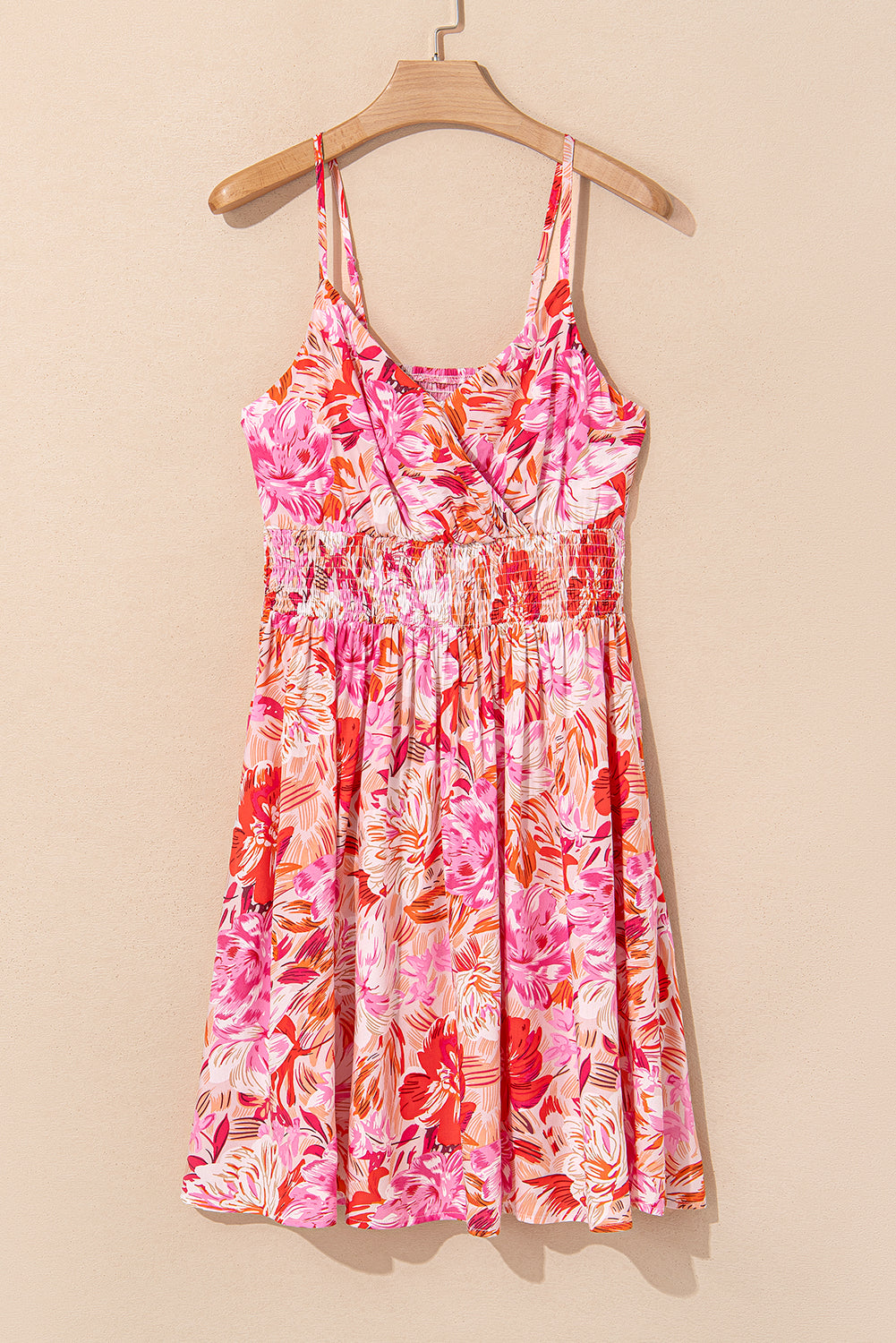 Stacey B's Red Floral Spaghetti Strap Surplice Neck Shirred Waist Mini Dress