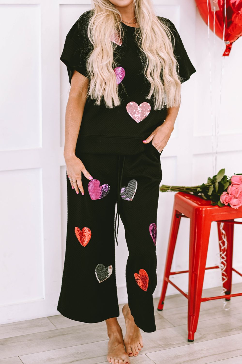 Stacey B's Heart Sequin Short Sleeve Top and Drawstring Pants Lounge Set