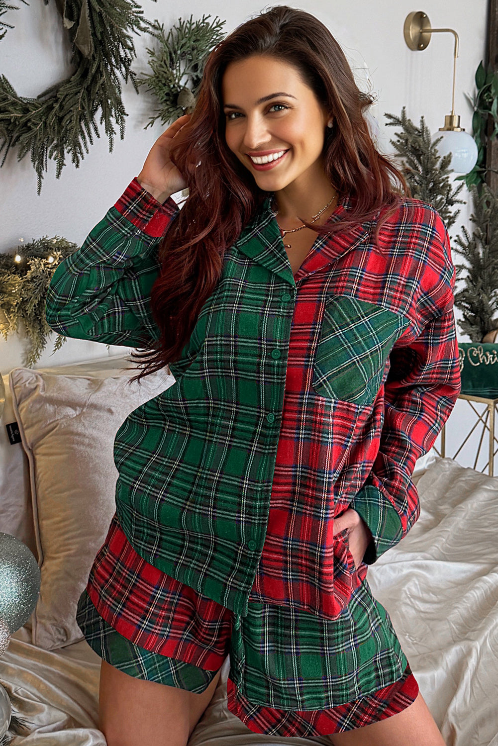 Stacey B's Red Plaid Contrast Color Christmas Holiday Long Sleeve Shirt and Shorts Pajama Set