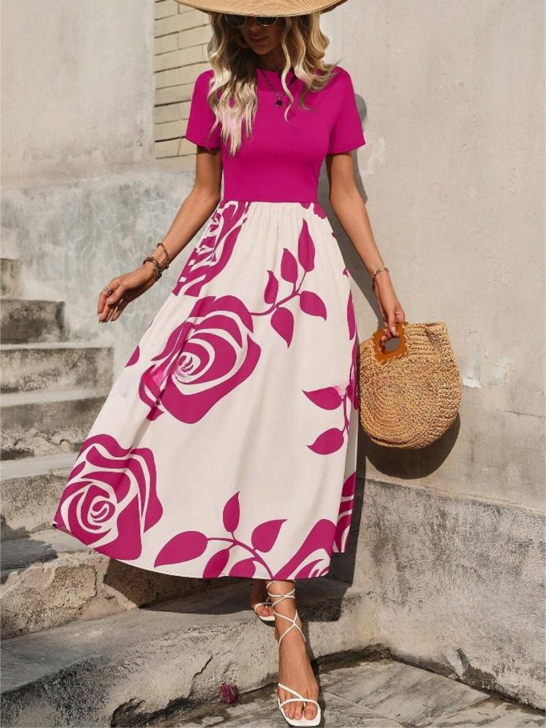 Stacey B's Rose Printed Round Neck Short Sleeve Dress