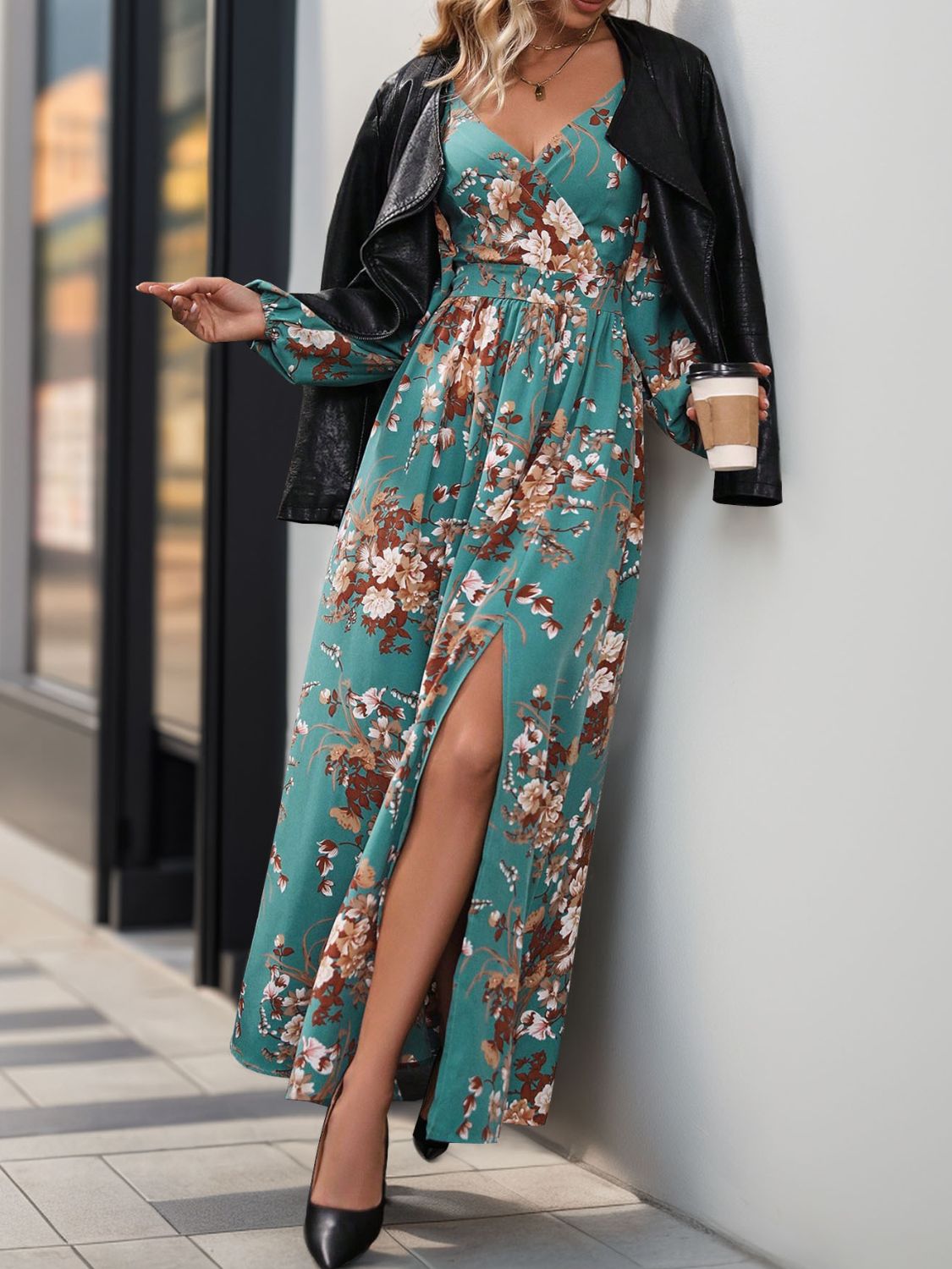 Stacey B's Slit Printed Surplice Long Sleeve Maxi Dress