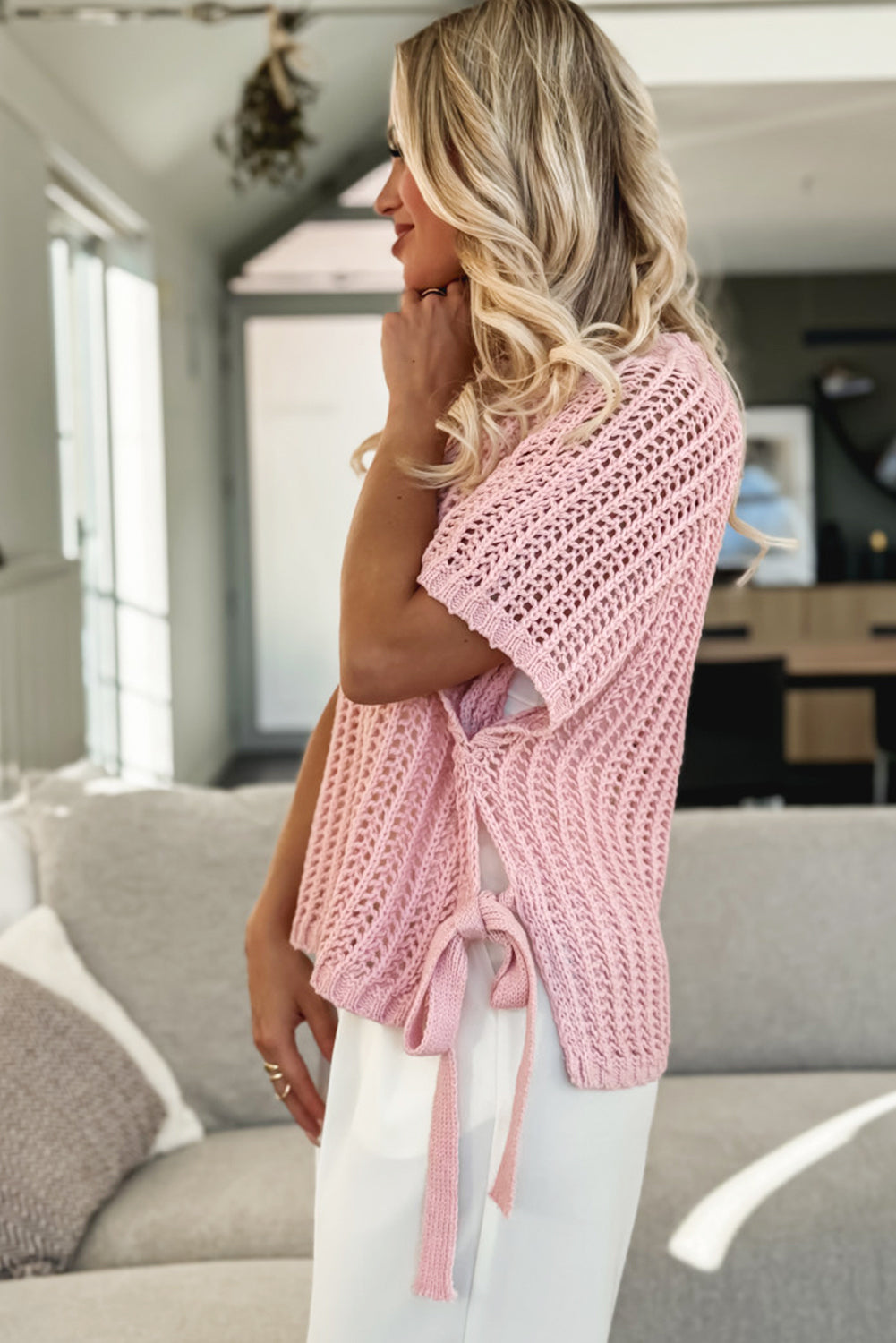 Stacey B's Pink Side Tie Hollow-out Crochet Knit Top