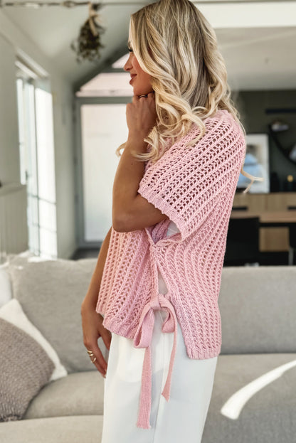 Stacey B's Pink Side Tie Hollow-out Crochet Knit Top