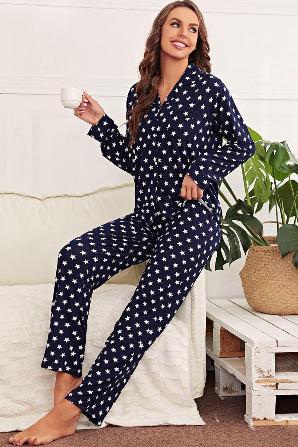 Stacey B's Star Print Button-Up Shirt and Pants Lounge Set