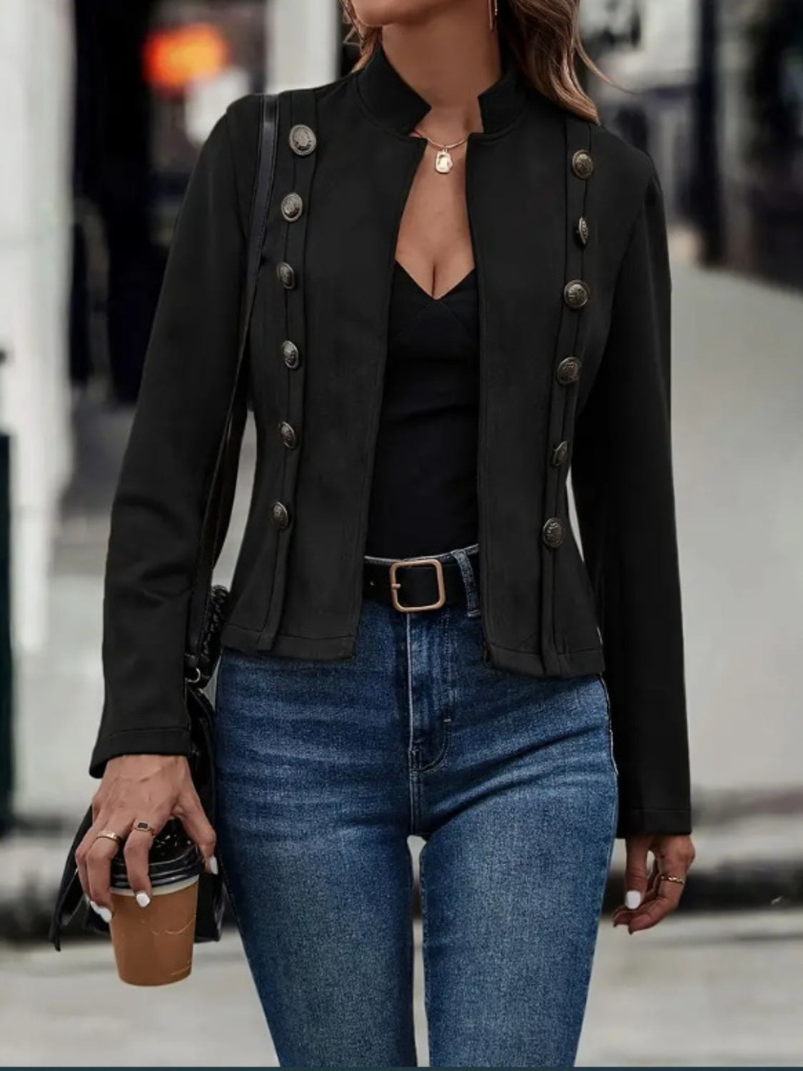 Stacey B's Decorative Button Open Front Long Sleeve Jacket