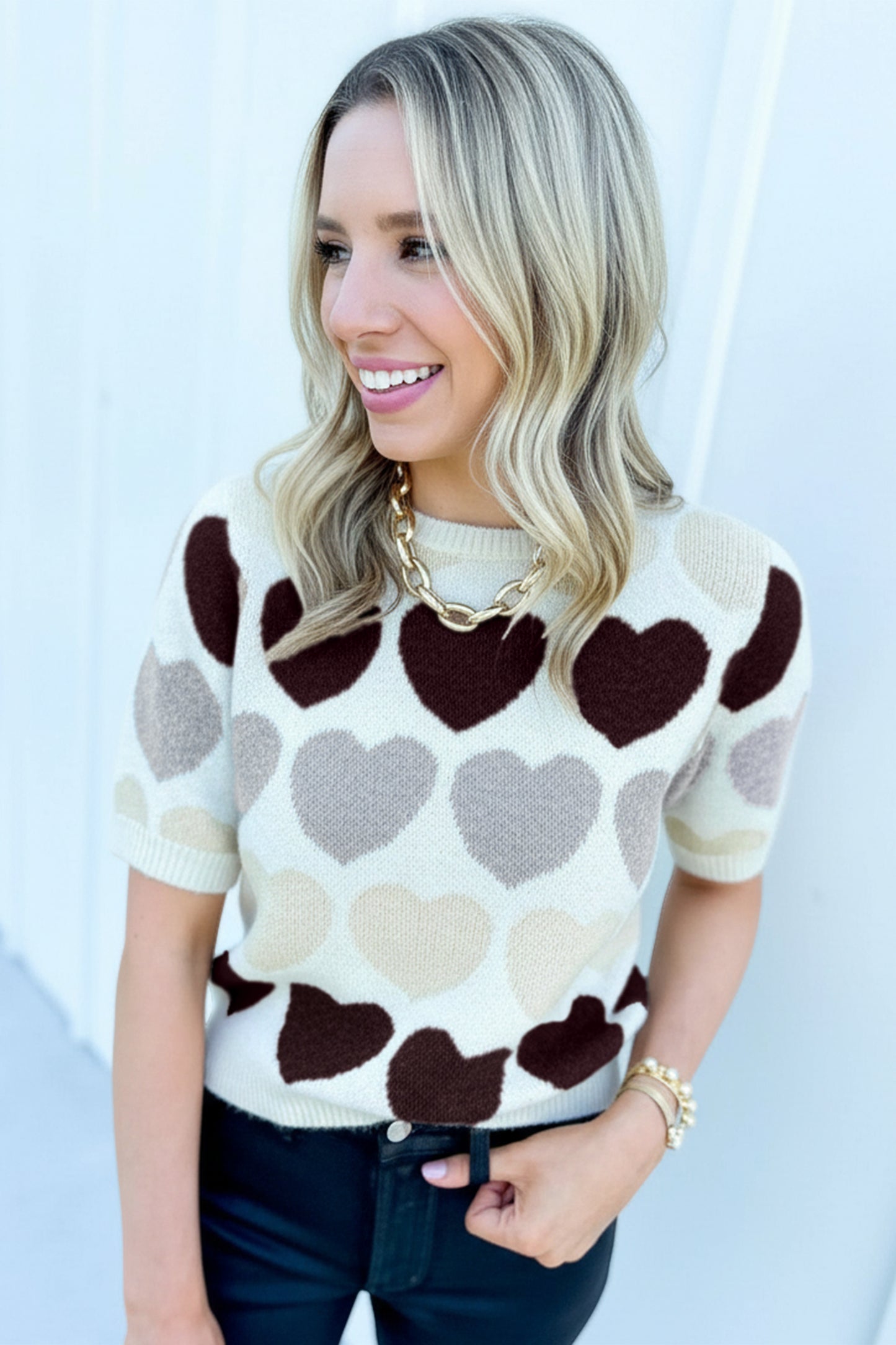 Stacey B's White Valentine Heart Short Sleeve Sweater