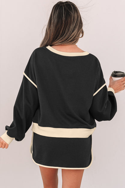 Stacey B's Black Color Contrast Loose Pullover and Lace-up Waist Skort Set