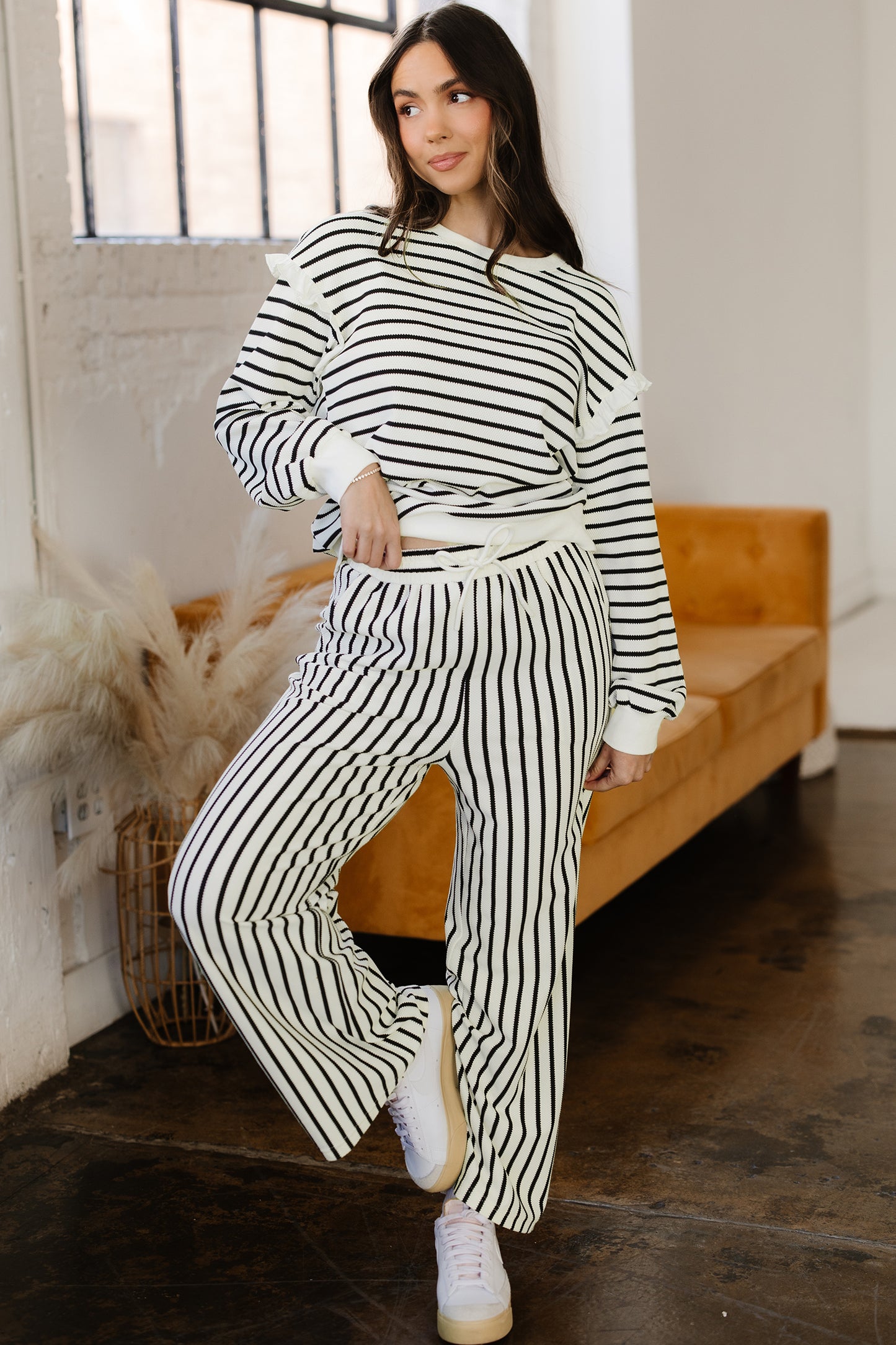 Stacey B's White Stripe Ruffle Trim Drop Shoulder Top Drawstring Loose Pant Set