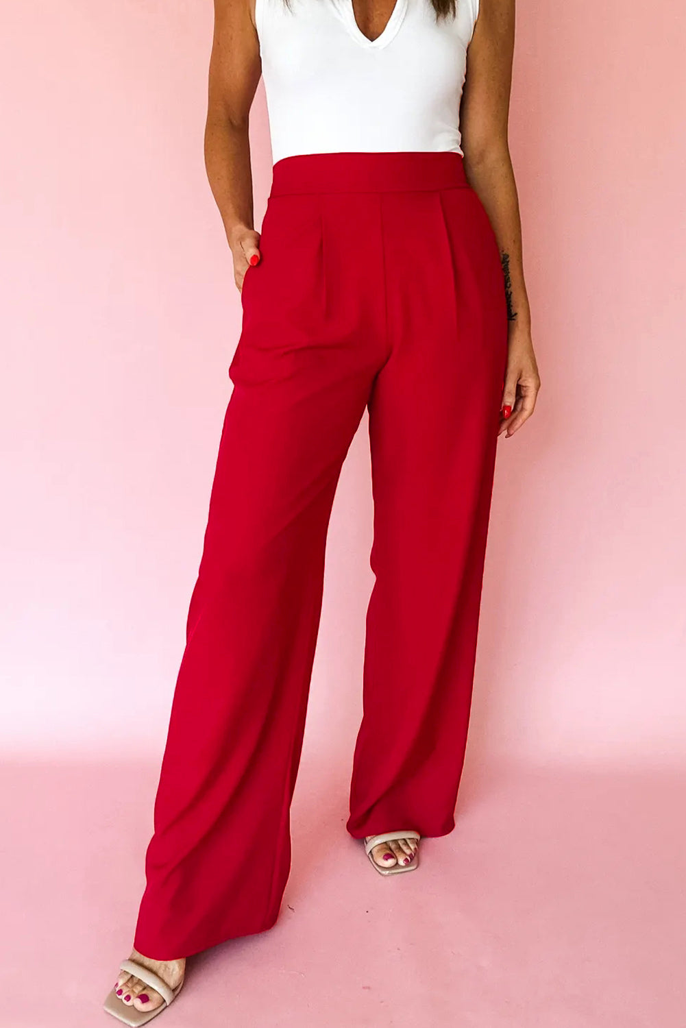 Stacey B's Fiery Red Pleated Detail Pull On High Elastic Waist Loose Straight Pants