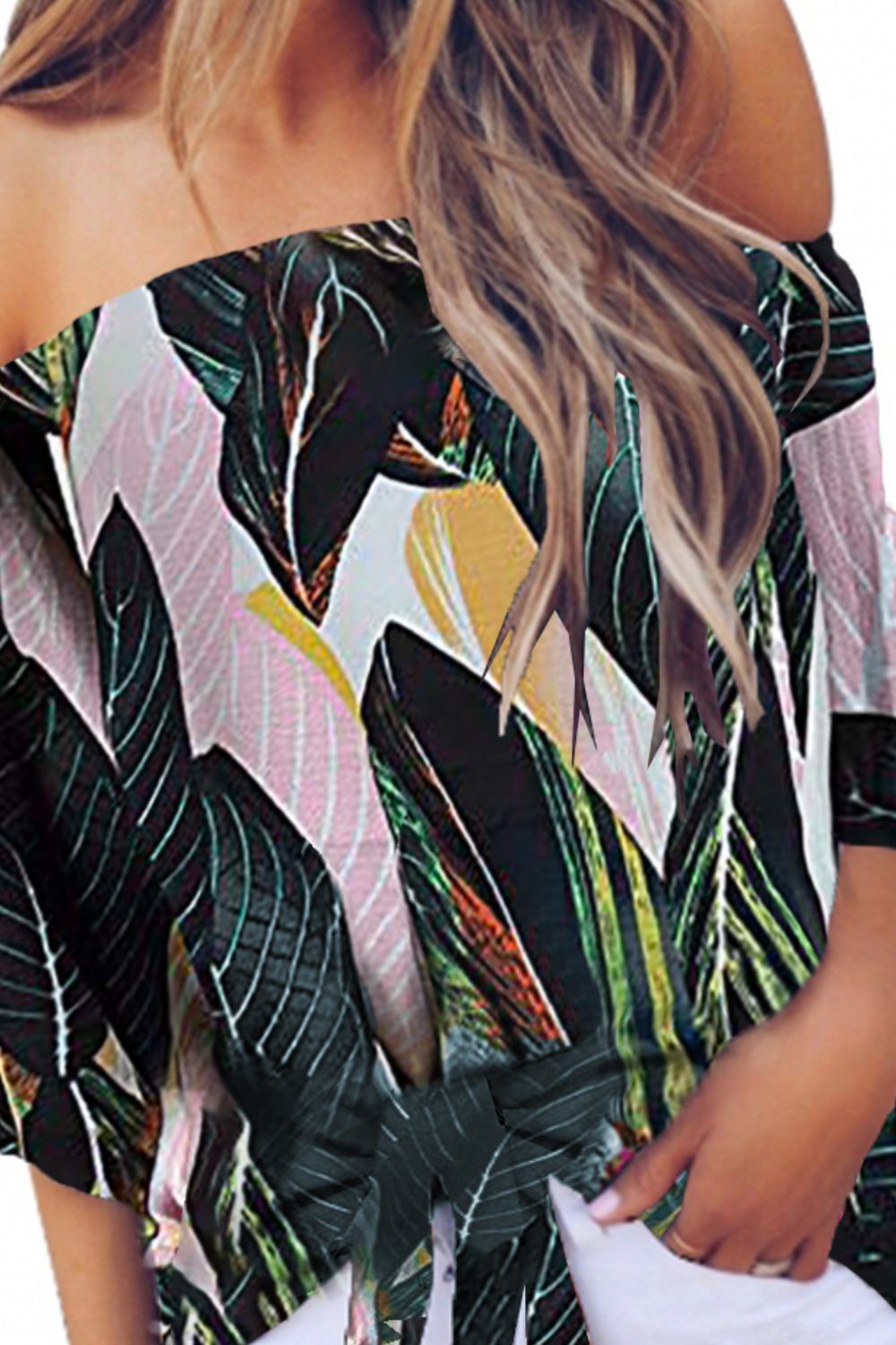 Stacey B's Tied Printed Off-Shoulder Half Sleeve Blouse