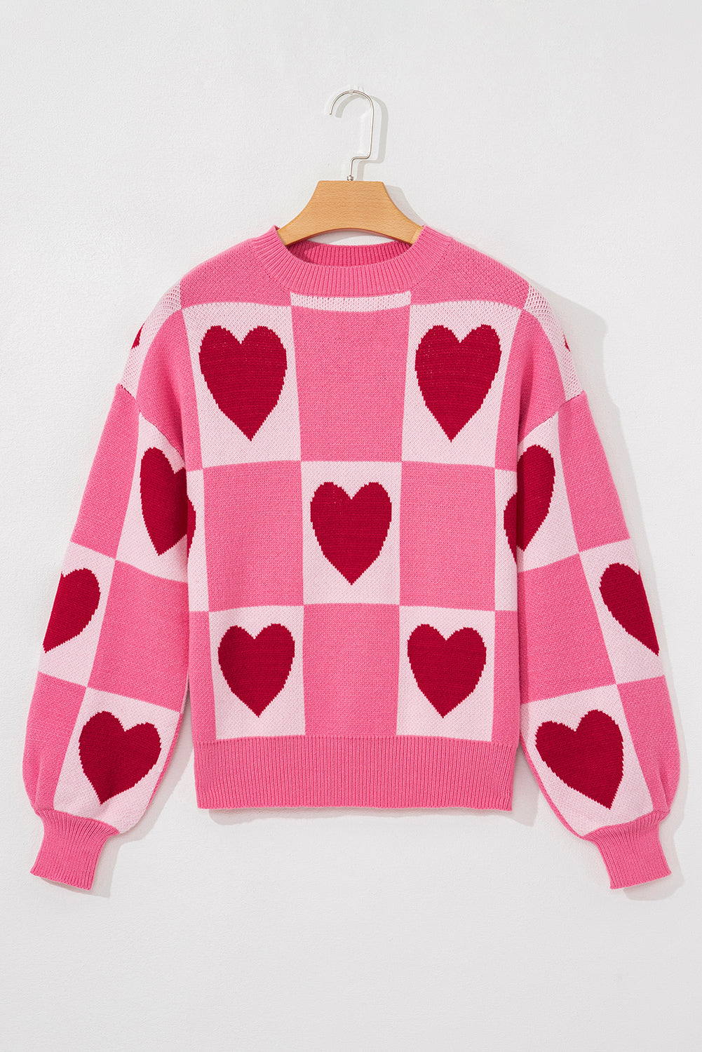 Stacey B's Pink Love Heart Checkered Valentine Crew Neck Sweater