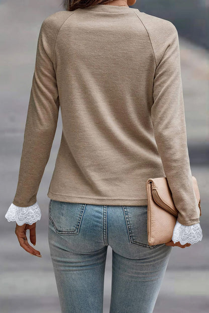 Stacey B's Parchment Seam Detail Lace Contrast Cuffs Raglan Sleeve Top