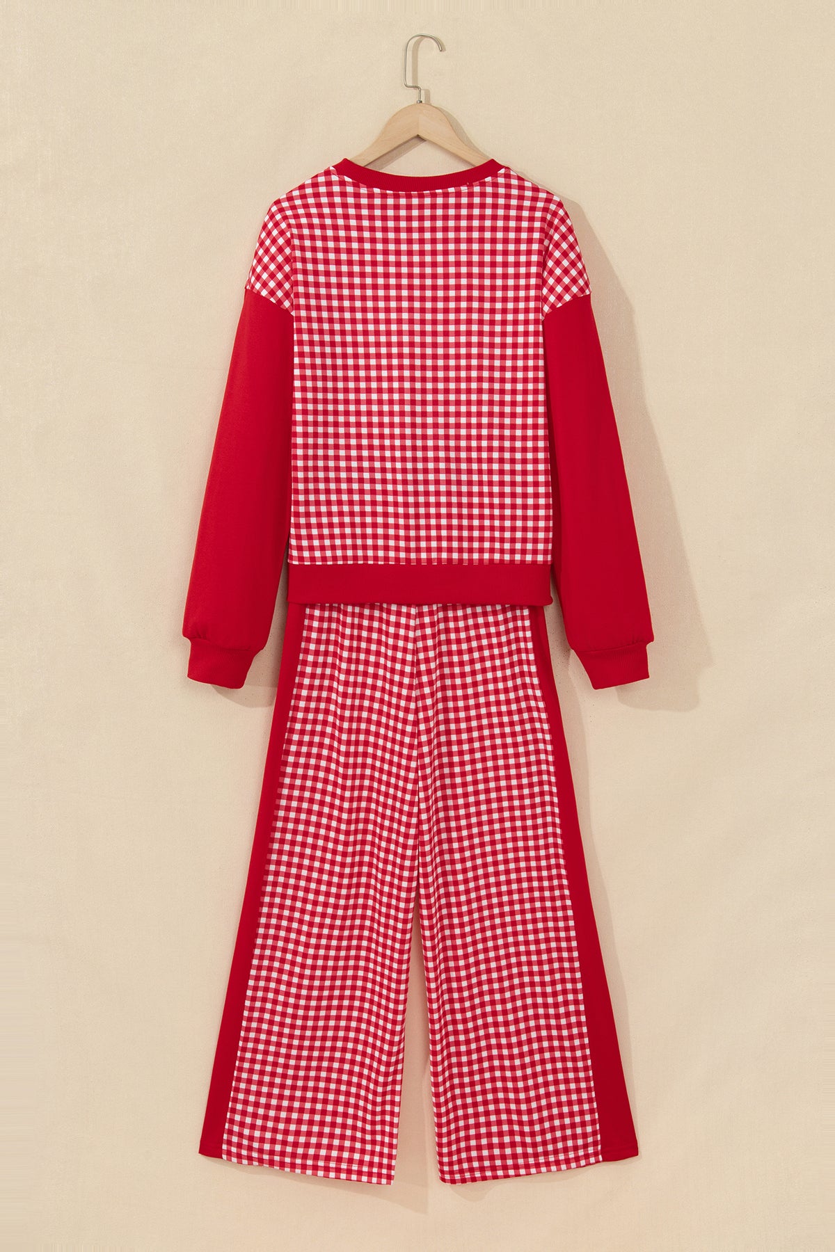 Stacey B's Brown Color Block Plaid Patchwork Long Sleeve Pullover Wide Leg Pant Set