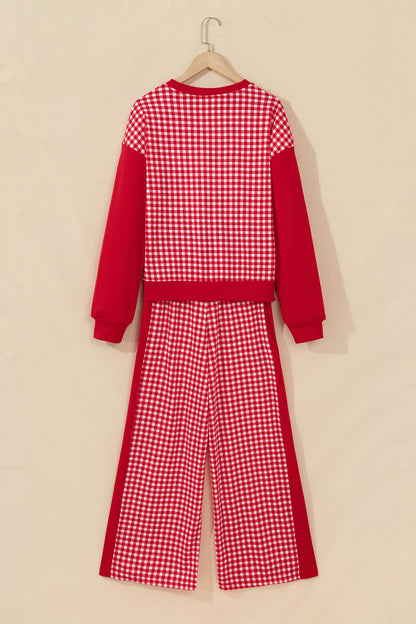 Stacey B's Brown Color Block Plaid Patchwork Long Sleeve Pullover Wide Leg Pant Set