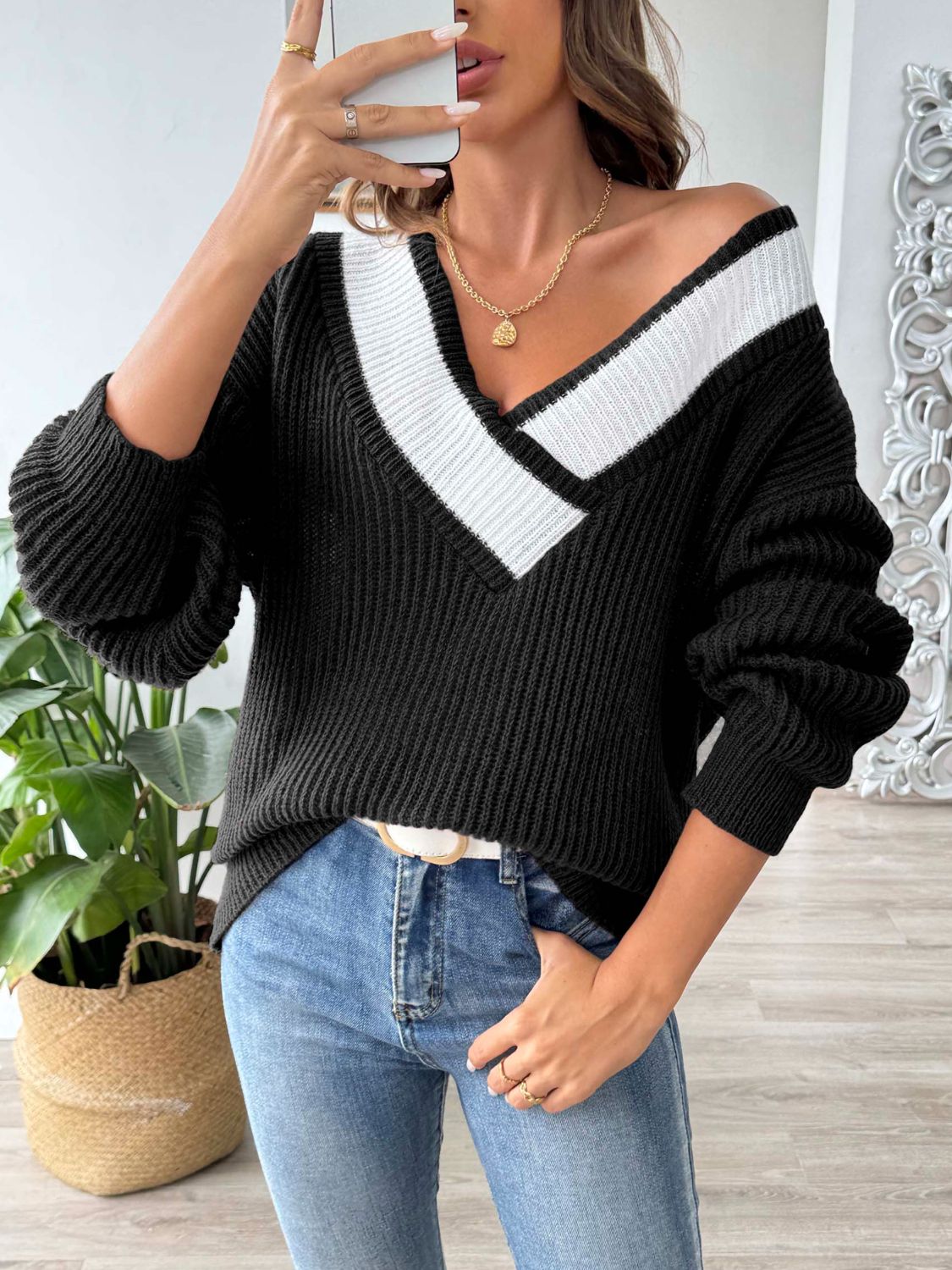 Stacey B's Contrast Dropped Shoulder Long Sleeve Sweater