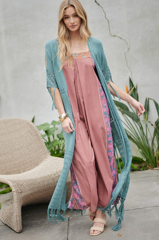 Stacey B's Solid Long Cardigan With Fringe