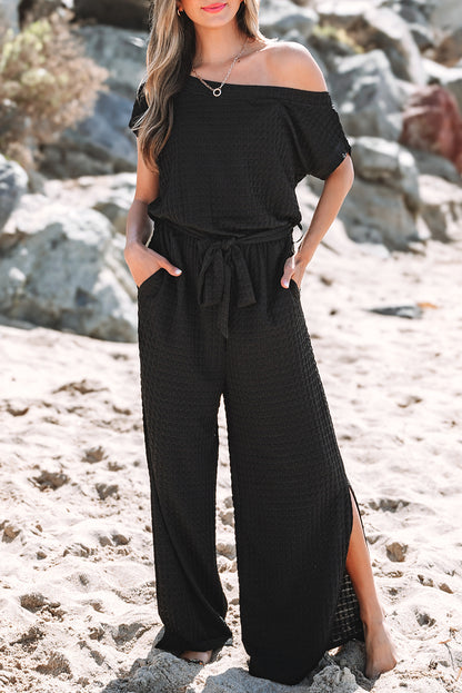 Stacey B's Black Checkered Mesh One Shoulder Short Sleeve Knotted Waist Jumpsuit