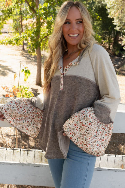 Stacey B's Goat Colorblock Floral Patchwork Flared Sleeve Buttons Henley Top