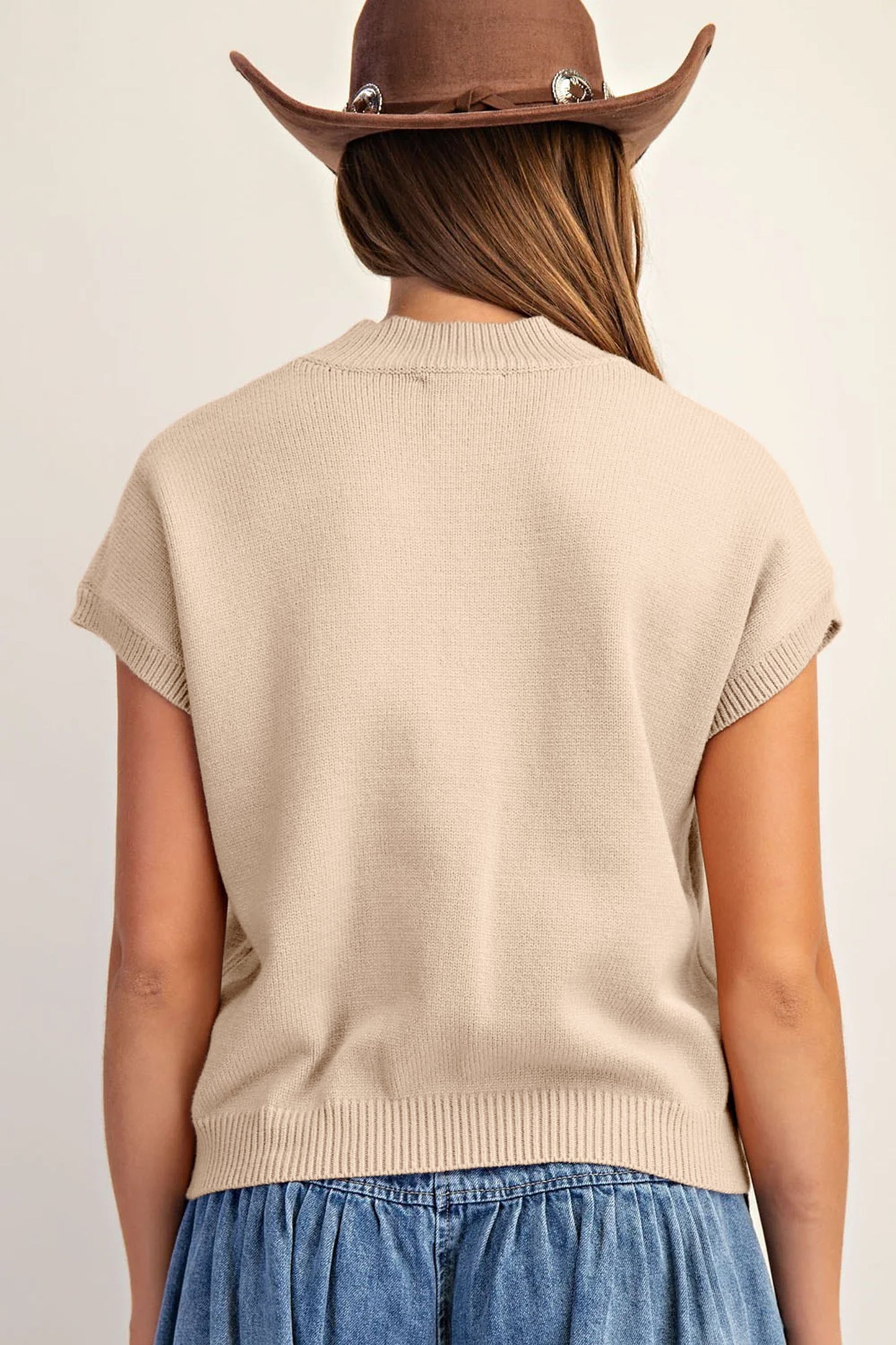 Stacey B's Parchment Corded Horseshoes Ribbed Trim Mock Neck Short Sleeve Sweater