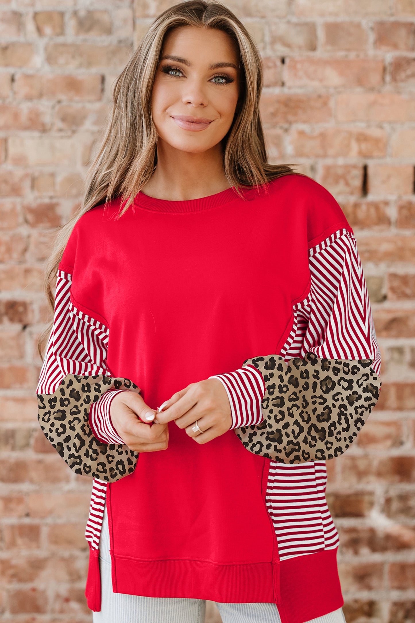 Stacey B's Racing Red Striped Patchwork Sleeve Colorblock Sweatshirt