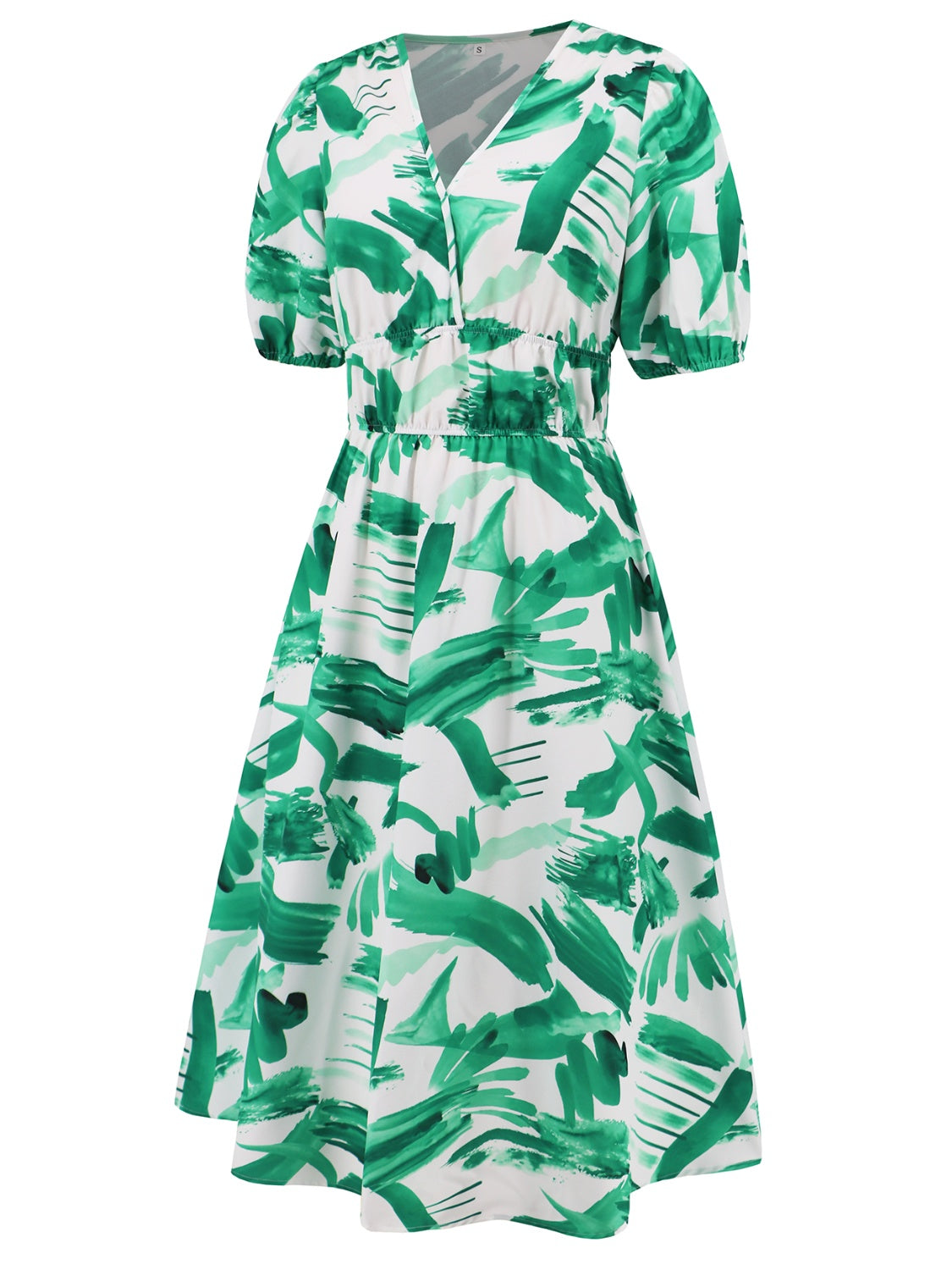 Stacey B's Ruched Printed Surplice Short Sleeve Dress