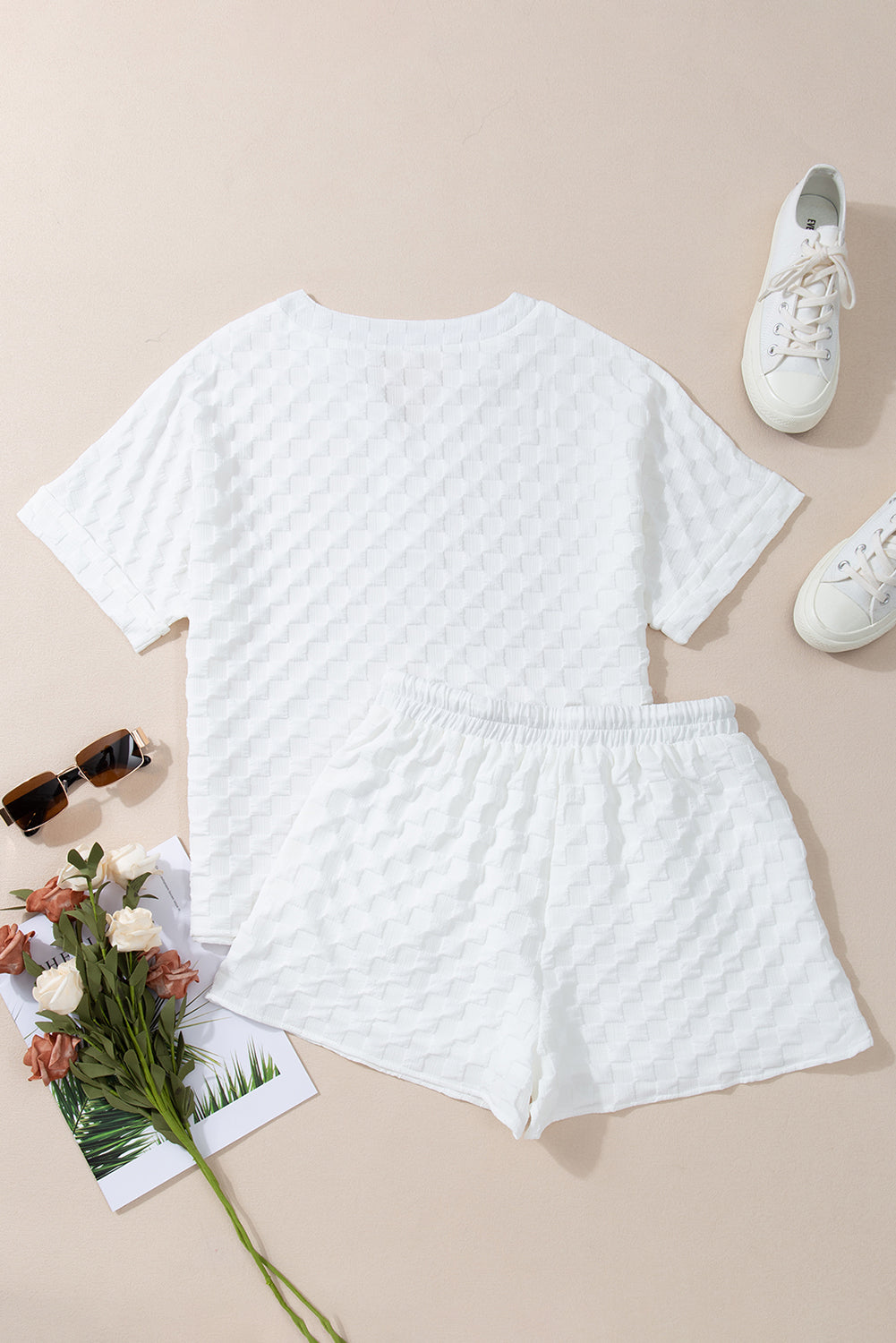 Stacey B's White Textured Split Neck Top and Drawstring Shorts Set