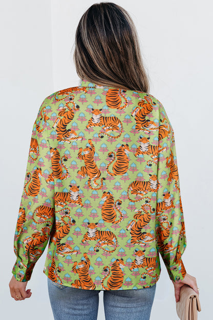 Stacey B's Green Tiger Floral Printed Collared V Neck Casual Shirt