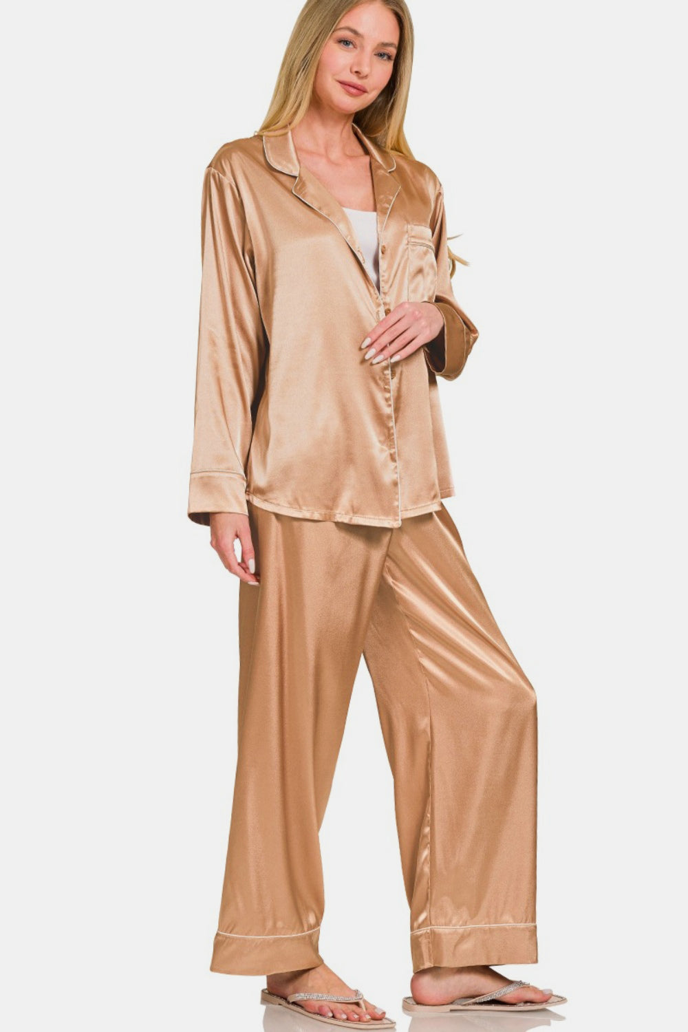 Stacey B's Zenana Satin Long Sleeve Shirt and Pants Pajama Set