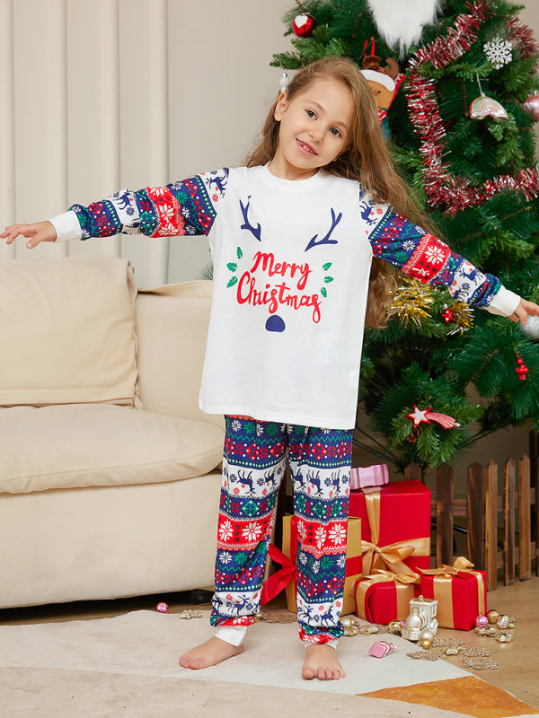Stacey B's New Christmas Cartoon Letters Home Clothes Deer Antler Print Parent-Child Pajamas Set