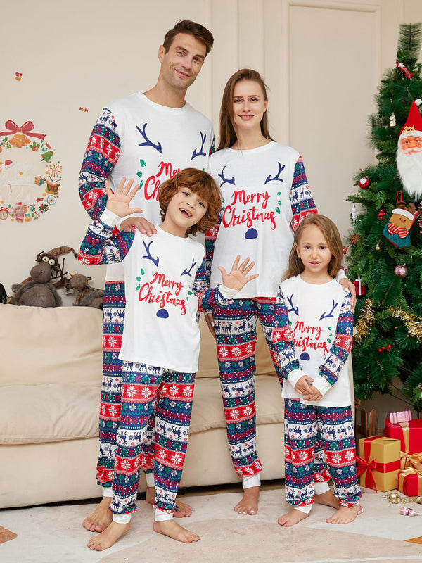 Stacey B's New Christmas Cartoon Letters Home Clothes Deer Antler Print Parent-Child Pajamas Set