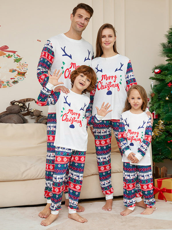 Stacey B's New Christmas Cartoon Letters Home Clothes Deer Antler Print Parent-Child Pajamas Set